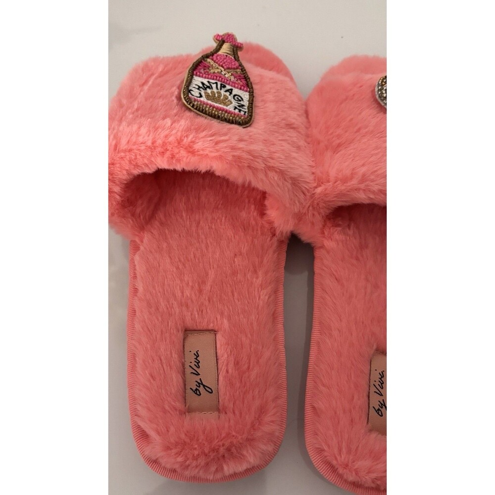 By Vici Pink Faux Fur Slide Slippers Beaded‎ Champagne Women's 9-10 - Picture 3 of 6
